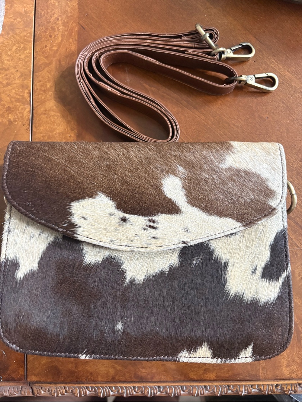 Cowhide Crossbody Bag Real Leather Brown & white New
